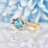 Ellibelle Jewellery 1950s Blue Zircon & Diamond Three-Stone Bypass Ring