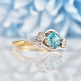 Ellibelle Jewellery 1950s Blue Zircon & Diamond Three-Stone Bypass Ring