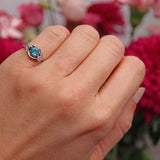 Ellibelle Jewellery 1950s Blue Zircon & Diamond Three-Stone Bypass Ring