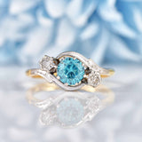 Ellibelle Jewellery 1950s Blue Zircon & Diamond Three-Stone Bypass Ring