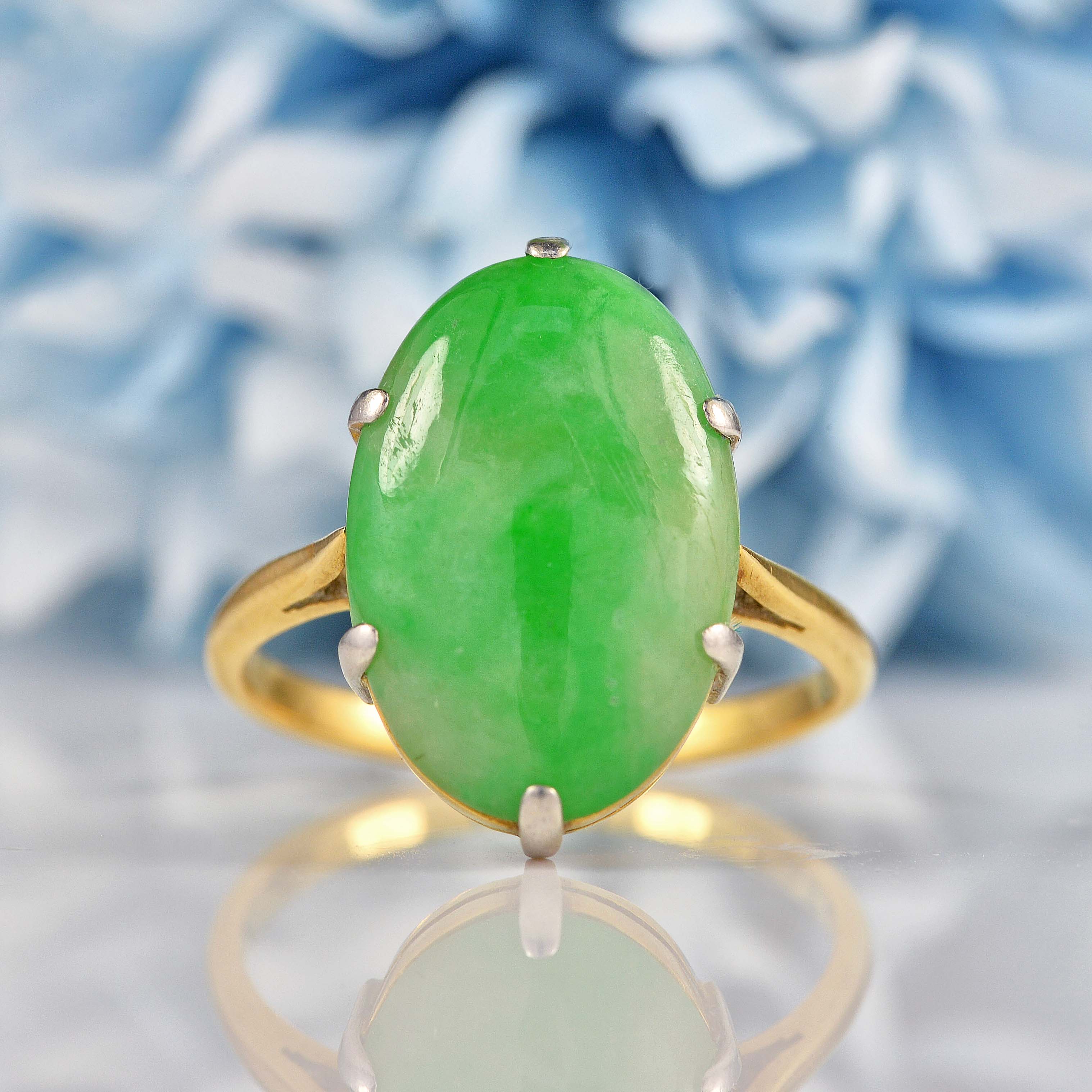 Gold Ring Band Real Jade Stone Ring LOVELY ANTIQUE 14K SOLID