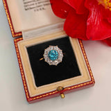 Ellibelle Jewellery Antique Blue Zircon & Old-Cut Diamond Gold Cluster Ring