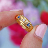 Ellibelle Jewellery Antique Edwardian Sapphire & Diamond 18ct Gold Three-Stone Starburst Gypsy Ring