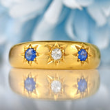 Ellibelle Jewellery Antique Edwardian Sapphire & Diamond 18ct Gold Three-Stone Starburst Gypsy Ring