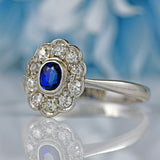 Ellibelle Jewellery Antique Edwardian Sapphire & Diamond Platinum Cluster Engagement Ring