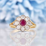 Ellibelle Jewellery Antique Style Ruby & Diamond 9ct Gold Daisy Cluster Ring