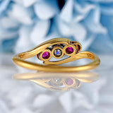 Ellibelle Jewellery Antique Synthetic Ruby & Diamond 18ct Gold Three-Stone Crossover Ring