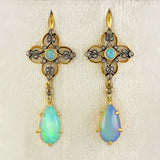 Ellibelle Jewellery Antique Victorian Australian Opal & Rose-Cut Diamond Gold Drop Earrings