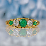 Ellibelle Jewellery Antique Victorian Emerald & Diamond 18ct Gold Five-Stone Ring