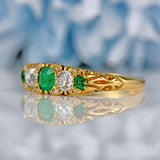 Ellibelle Jewellery Antique Victorian Emerald & Diamond 18ct Gold Five-Stone Ring
