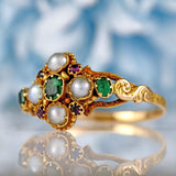 Ellibelle Jewellery Antique Victorian Emerald, Ruby & Natural Split Pearl 15ct Gold Cluster Ring
