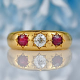 Ellibelle Jewellery Antique Victorian Ruby & Diamond 18ct Gold Three-Stone Gypsy Ring