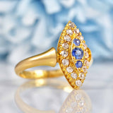 Ellibelle Jewellery Antique Victorian Sapphire & Old Cut Diamond 18ct Gold Navette Ring