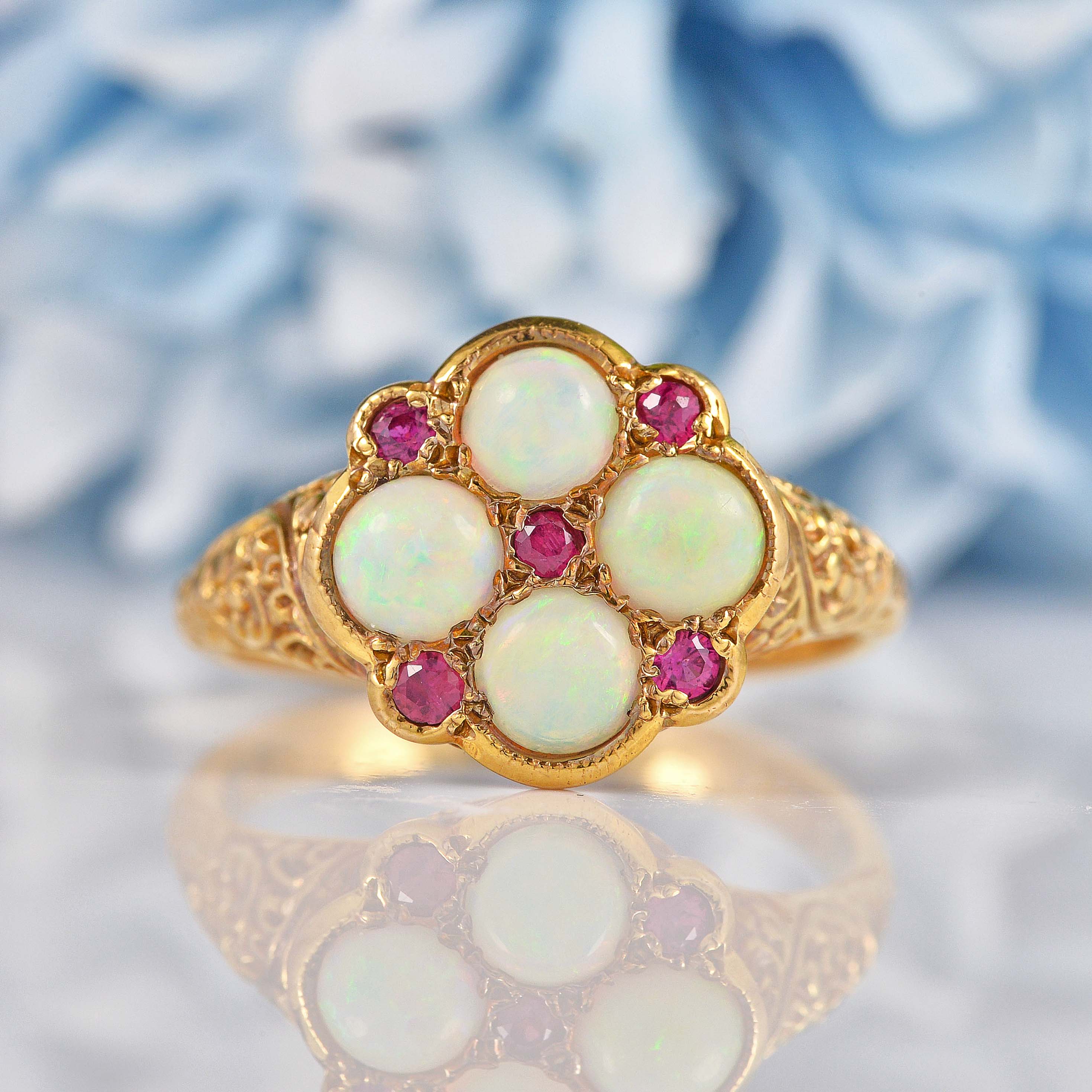 Antique Victorian Style Opal Ruby 9ct Gold Ring