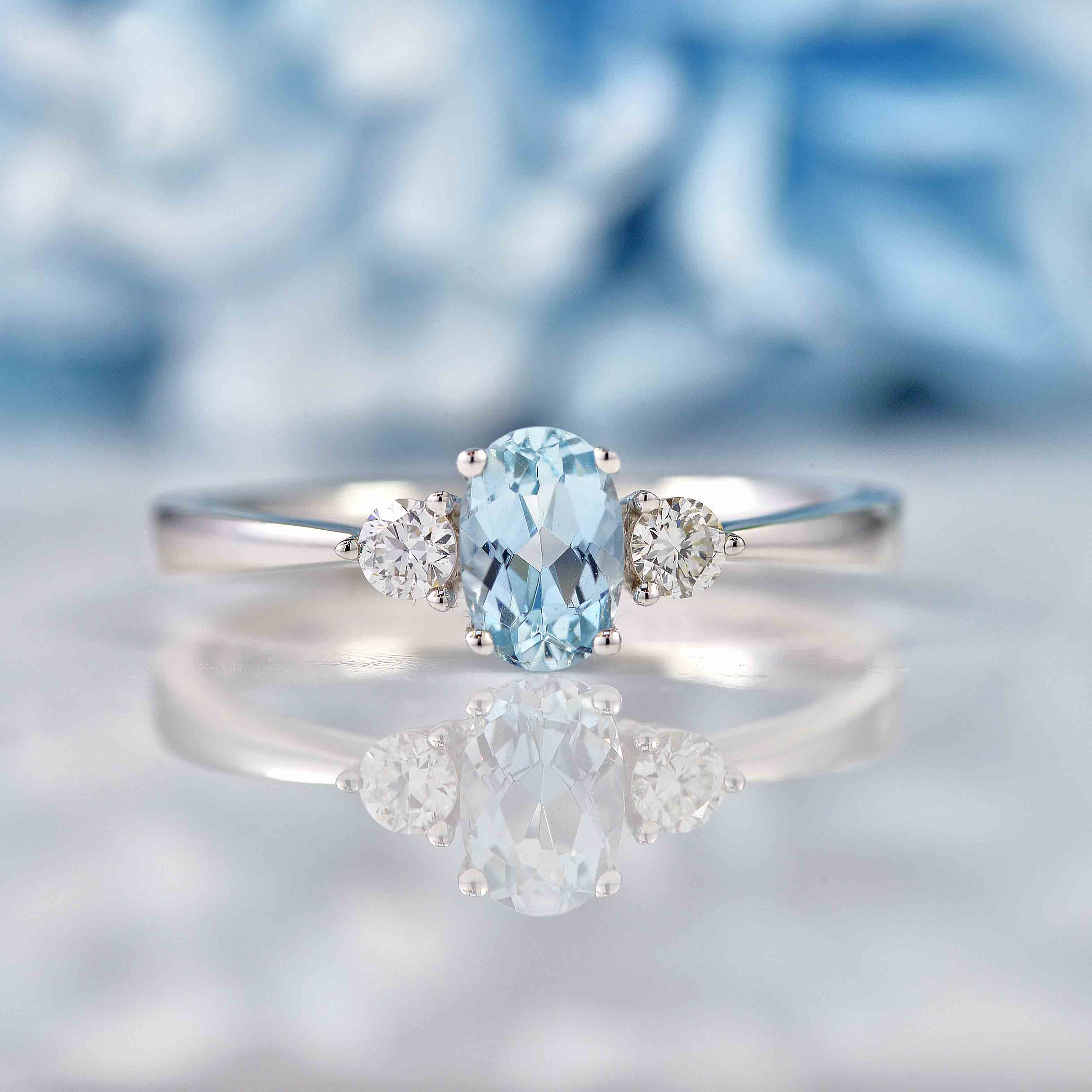 Aquamarine Diamond 18ct White Gold Oval Three-Stone Engagement Ring