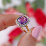 Ellibelle Jewellery Art Deco Amethyst & Rose-Cut Diamond 18ct Gold Cushion-Shaped Cluster Ring