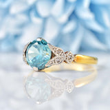 Ellibelle Jewellery Art Deco Blue Zircon & Diamond 18ct Gold Platinum Ring
