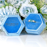 Ellibelle Jewellery Art Deco Blue Zircon & Diamond 18ct Gold Platinum Three-Stone Trilogy Ring