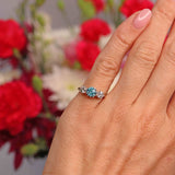 Ellibelle Jewellery Art Deco Blue Zircon & Diamond 18ct Gold Platinum Three-Stone Trilogy Ring