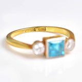 Ellibelle Jewellery Art Deco Blue Zircon & Diamond 18ct Gold Trilogy Ring