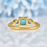 Ellibelle Jewellery Art Deco Blue Zircon & Diamond 18ct Gold Trilogy Ring