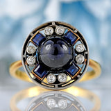 Ellibelle Jewellery Art Deco Cabochon Sapphire & Diamond 18ct Gold Platinum Target Ring