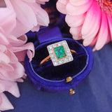 Ellibelle Jewellery Art Deco Emerald & Diamond 18ct Gold Square Cluster Ring