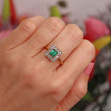 Ellibelle Jewellery Art Deco Emerald & Diamond 18ct Gold Square Cluster Ring