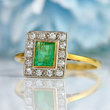 Ellibelle Jewellery Art Deco Emerald & Diamond 18ct Gold Square Cluster Ring