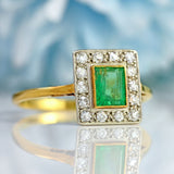 Ellibelle Jewellery Art Deco Emerald & Diamond 18ct Gold Square Cluster Ring