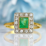 Ellibelle Jewellery Art Deco Emerald & Diamond 18ct Gold Square Cluster Ring
