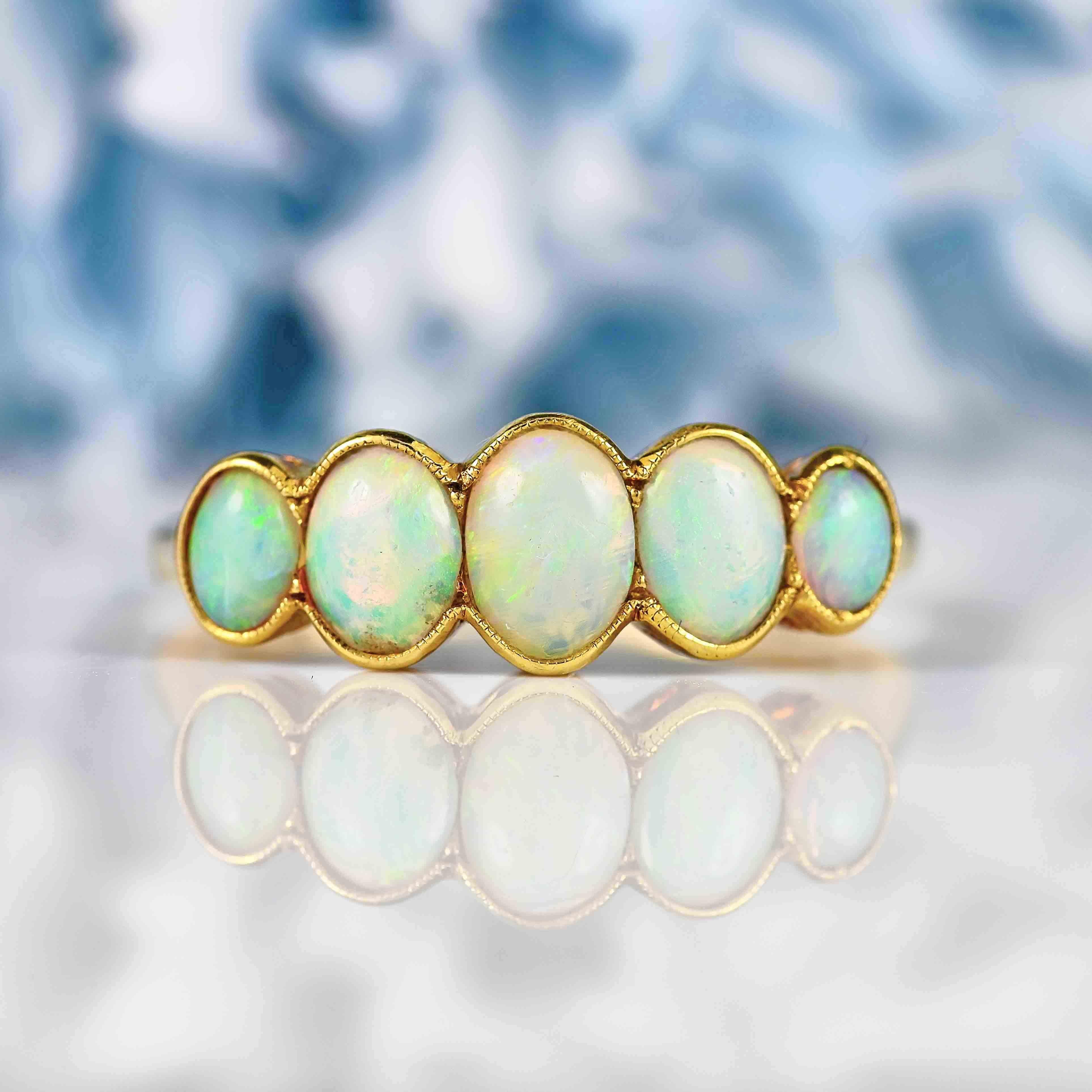 Art Deco Opal 18ct Gold Five-Stone Bezel Ring