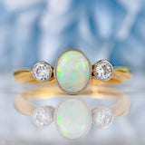Ellibelle Jewellery Art Deco Opal & Diamond 18ct Gold Platinum Three-Stone Ring