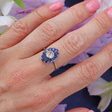 Ellibelle Jewellery Art Deco Platinum Sapphire and Old European Cut Diamond Cluster Ring