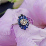Ellibelle Jewellery Art Deco Platinum Sapphire and Old European Cut Diamond Cluster Ring