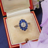 Ellibelle Jewellery Art Deco Platinum Sapphire and Old European Cut Diamond Cluster Ring