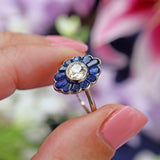 Ellibelle Jewellery Art Deco Platinum Sapphire and Old European Cut Diamond Cluster Ring