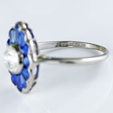 Ellibelle Jewellery Art Deco Platinum Sapphire and Old European Cut Diamond Cluster Ring