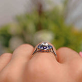 Ellibelle Jewellery Art Deco Platinum Sapphire and Old European Cut Diamond Cluster Ring