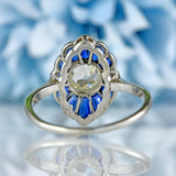 Ellibelle Jewellery Art Deco Platinum Sapphire and Old European Cut Diamond Cluster Ring