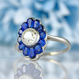 Ellibelle Jewellery Art Deco Platinum Sapphire and Old European Cut Diamond Cluster Ring