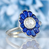 Ellibelle Jewellery Art Deco Platinum Sapphire and Old European Cut Diamond Cluster Ring