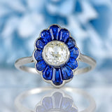 Ellibelle Jewellery Art Deco Platinum Sapphire and Old European Cut Diamond Cluster Ring