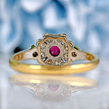 Ellibelle Jewellery Art Deco Ruby & Diamond 18ct Gold Platinum Floral Cluster Ring