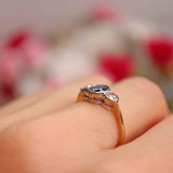 Ellibelle Jewellery Art Deco Sapphire & Diamond 18ct Gold Three-Stone Bezel-Set Ring