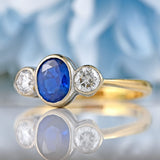 Ellibelle Jewellery Art Deco Sapphire & Diamond 18ct Gold Three-Stone Bezel-Set Ring