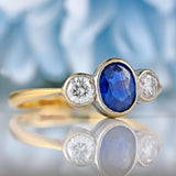Ellibelle Jewellery Art Deco Sapphire & Diamond 18ct Gold Three-Stone Bezel-Set Ring