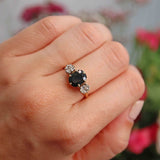 Ellibelle Jewellery Art Deco Sapphire & Old Cut Diamond 18ct Gold Trilogy Ring