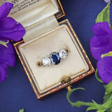 Ellibelle Jewellery Art Deco Sapphire & Old-European Diamond 18ct Gold Three-Stone Engagement Ring