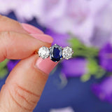 Ellibelle Jewellery Art Deco Sapphire & Old-European Diamond 18ct Gold Three-Stone Engagement Ring